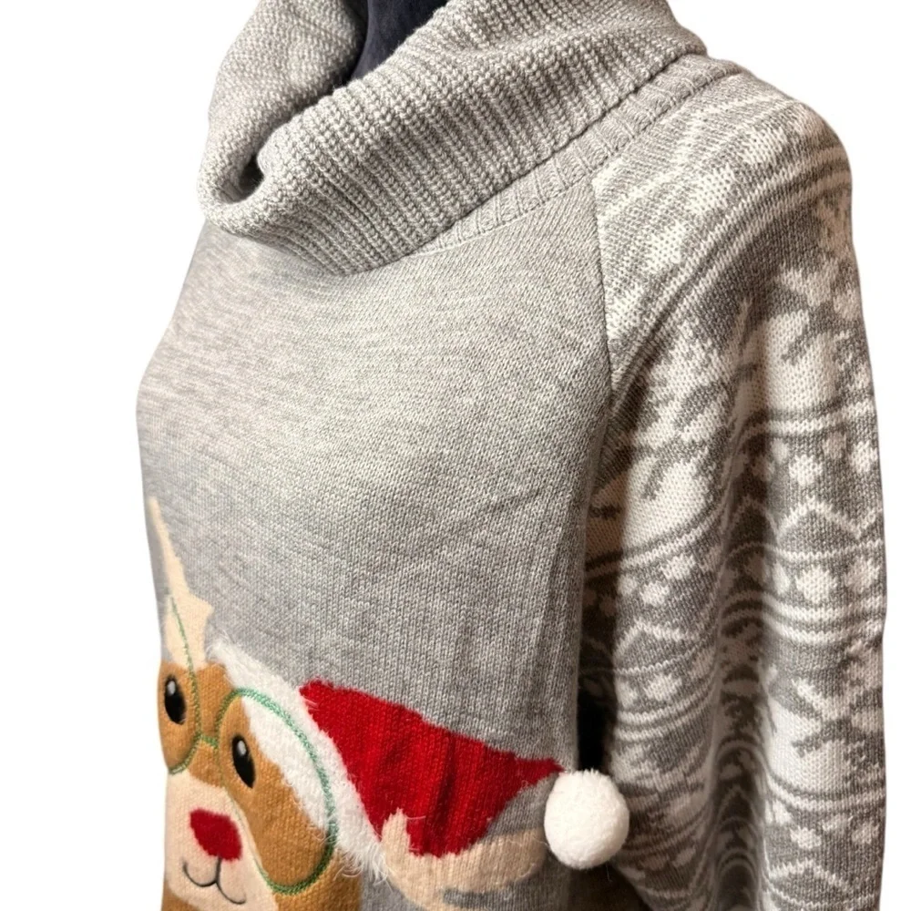 Christmas Gray Reindeer Cowl Neck Sweater with Pockets | Sz L